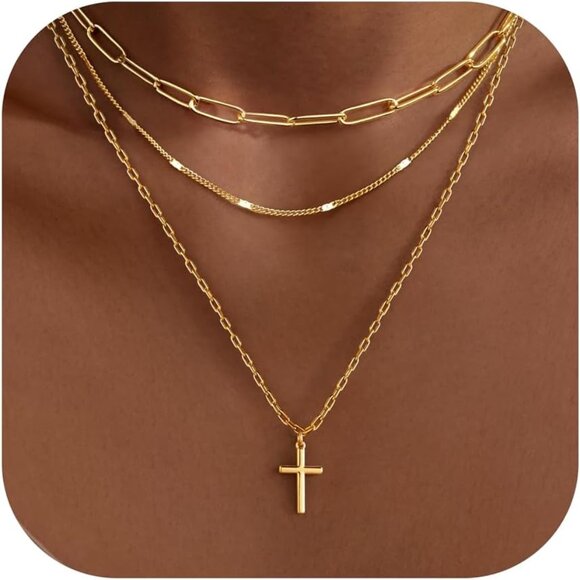 Women's Stackable Dainty Gold Plated Trendy Cross Chain Pendant Necklace - Picture 1 of 8